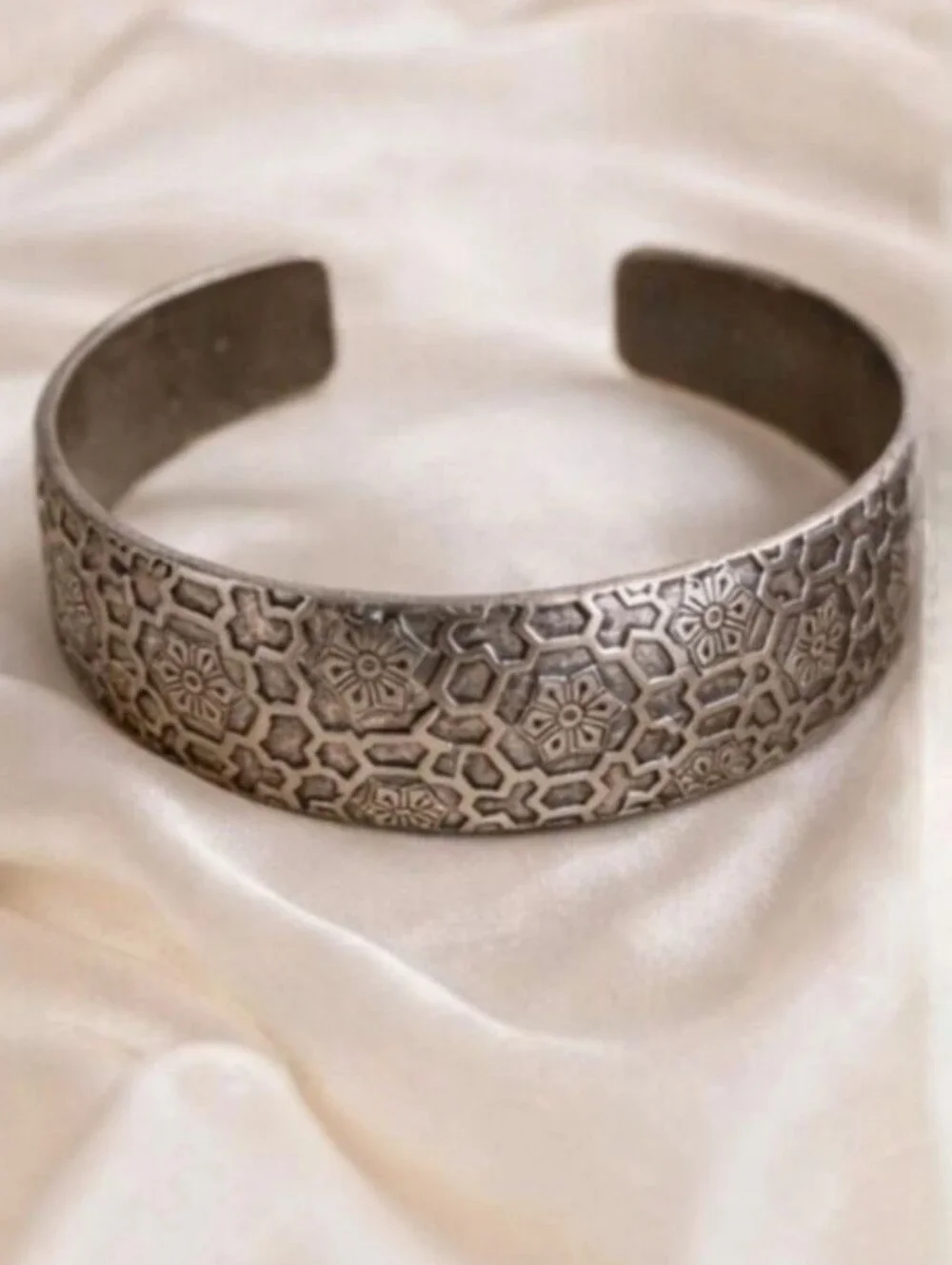 Tibetan Geometric Honeycomb Flower Cuff Bracelet | Boho Ethnic Silver Tone